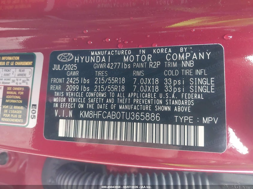 2026 Hyundai Kona VIN KM8HFCAB0TU365886 IAAI salvage auction — REAR END, Salvage - 75% Or Less (Maryland), sold $8,000 on 2026-07-13 (photo 9)