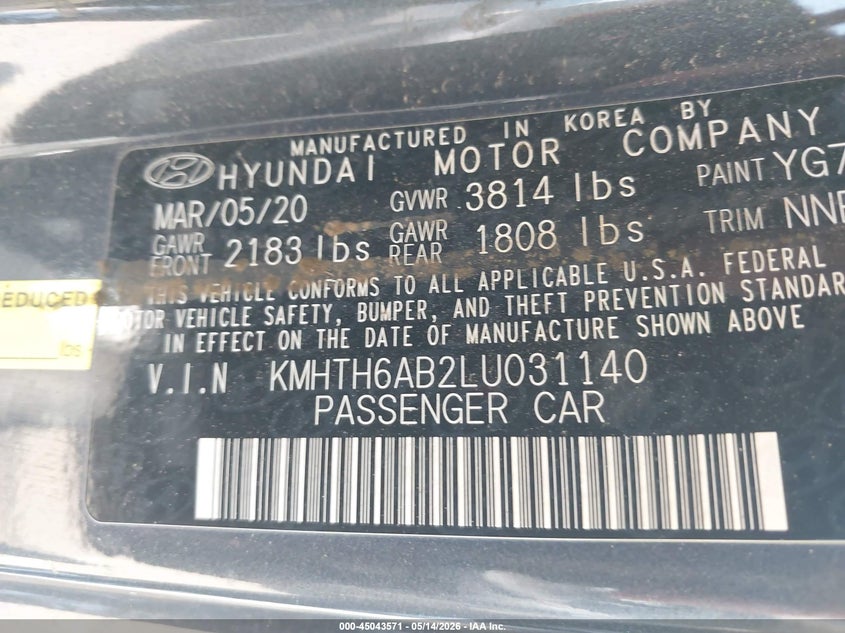 2020 Hyundai Veloster VIN KMHTH6AB2LU031140 IAAI salvage auction — FRONT END, Original (Texas), sold $1,325 on 2026-07-29 (photo 9)