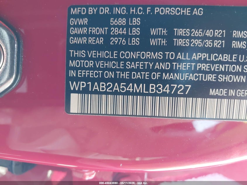 2021 Porsche Macan VIN WP1AB2A54MLB34727 IAAI salvage auction — FRONT END, Salvage (California), sold $25 on 2026-07-17 (photo 9)