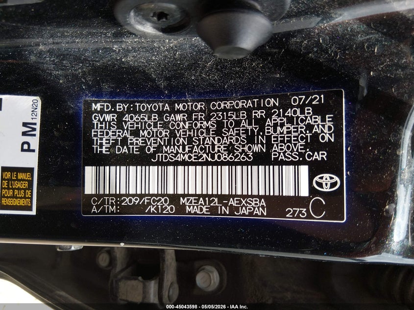 2022 Toyota Corolla VIN JTDS4MCE2NJ086263 IAAI salvage auction — LEFT FRONT, Original (Texas), sold $8,150 on 2026-07-07 (photo 9)
