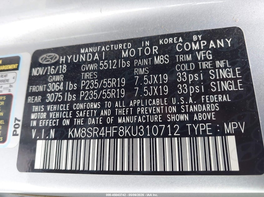 2019 Hyundai Santa fe VIN KM8SR4HF8KU310712 IAAI salvage auction — RIGHT SIDE, Salvage (Texas), sold $3,650 on 2026-07-16 (photo 9)