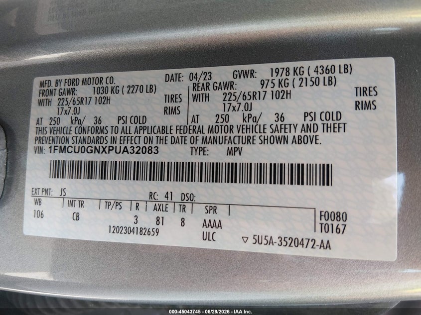 2023 Ford Escape VIN 1FMCU0GNXPUA32083 IAAI salvage auction — HAIL, Salvage Title, sold $6,000 on 2026-07-18 (photo 9)
