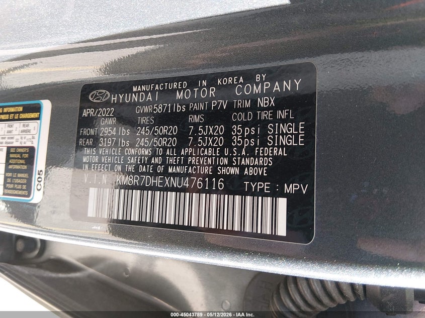 2022 Hyundai Palisade VIN KM8R7DHEXNU476116 IAAI salvage auction — FRONT & REAR, Salvage Title, sold $3,650 on 2026-08-01 (photo 9)