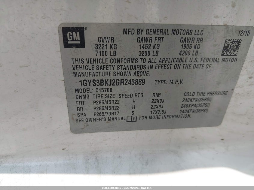 2016 Cadillac Escalade VIN 1GYS3BKJ2GR243889 IAAI salvage auction — REAR END, Salvage (Texas), sold $3,550 on 2026-07-24 (photo 9)