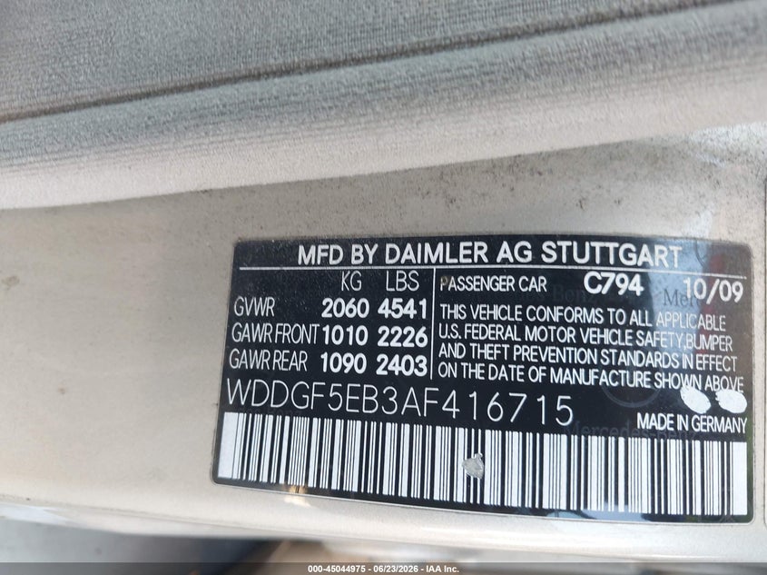 2010 Mercedes-benz C class VIN WDDGF5EB3AF416715 IAAI salvage auction — NORMAL WEAR, Clear (Florida), sold $325 on 2026-07-14 (photo 9)