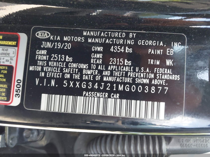 2021 Kia K5 VIN 5XXG34J21MG003877 IAAI salvage auction — FRONT END, Salvage (Georgia), sold $3,300 on 2026-07-17 (photo 9)