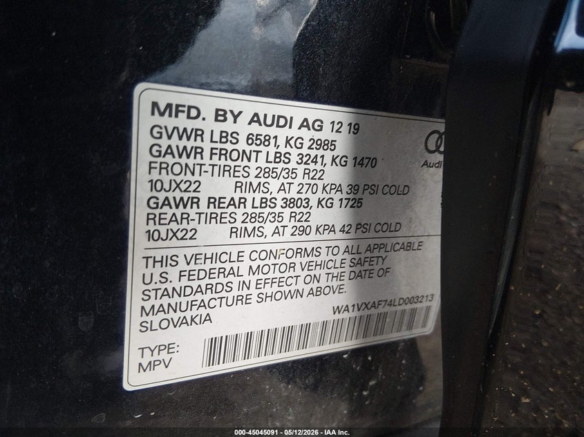 2020 Audi Q7 VIN WA1VXAF74LD003213 IAAI salvage auction — UNKNOWN, Rebuildable (Florida), sold $11,600 on 2026-07-09 (photo 9)