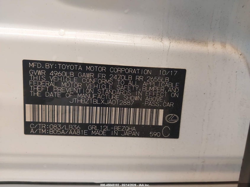 2018 Lexus Gs VIN JTHBZ1BLXJA012887 IAAI salvage auction — FRONT END, Salvage (Connecticut), sold $7,050 on 2026-07-16 (photo 9)