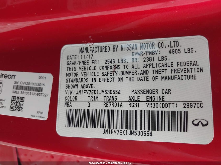 2018 Infiniti Q60 VIN JN1FV7EK1JM530554 IAAI salvage auction — FRONT & REAR, Salvage (Ohio), sold $5,500 on 2026-07-15 (photo 9)
