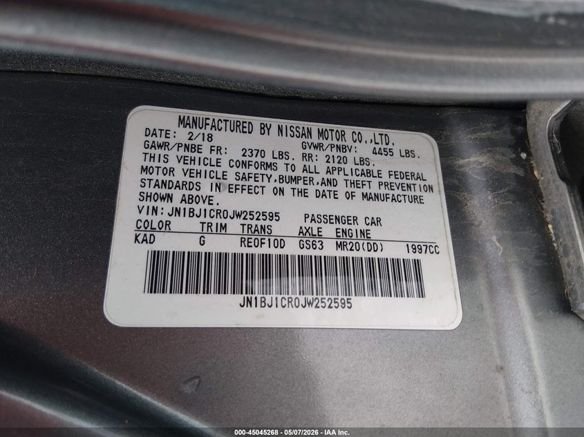 2018 Nissan Rogue VIN JN1BJ1CR0JW252595 IAAI salvage auction — LEFT SIDE, Salvage (West Virginia), sold $2,200 on 2026-07-29 (photo 9)