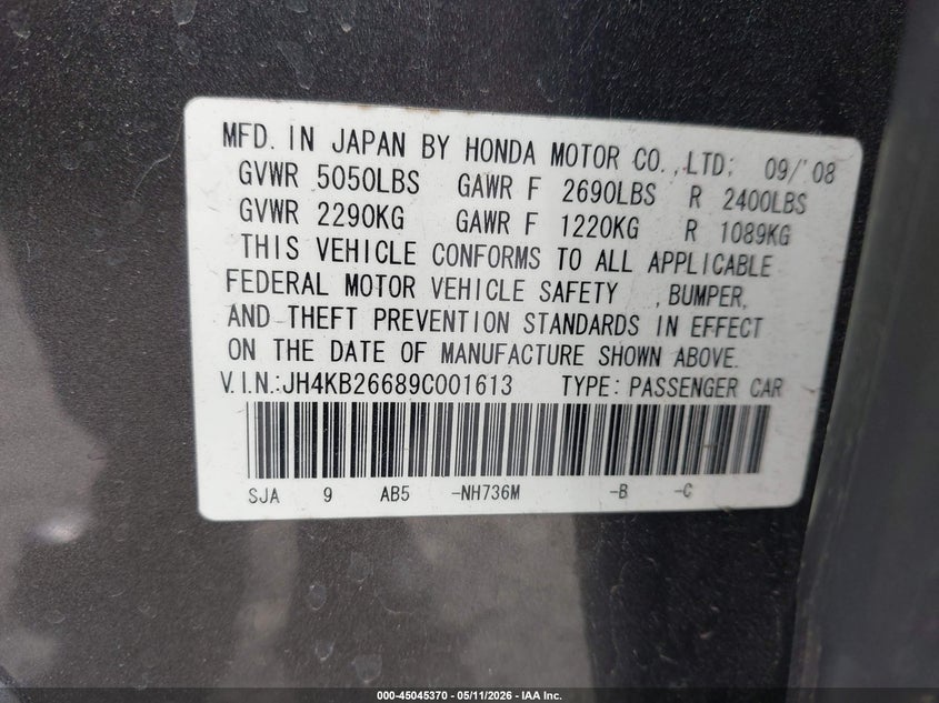 2009 Acura Rl VIN JH4KB26689C001613 IAAI salvage auction — FRONT END, Salvage (Idaho), sold $1,100 on 2026-07-15 (photo 9)