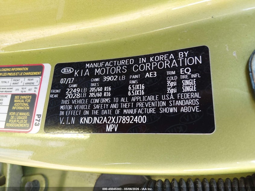 2018 Kia Soul VIN KNDJN2A2XJ7892400 IAAI salvage auction — HAIL, Salvage (Ohio), sold $2,050 on 2026-07-17 (photo 9)