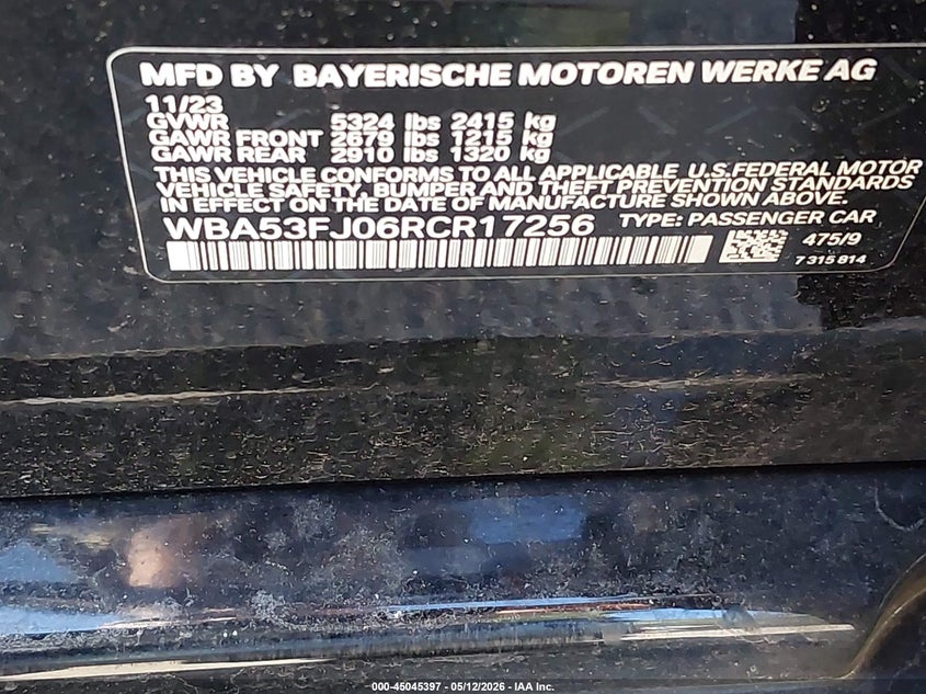 2024 BMW 5er VIN WBA53FJ06RCR17256 IAAI salvage auction — FRONT END, Mv-907A (New York), sold $21,000 on 2026-08-25 (photo 9)