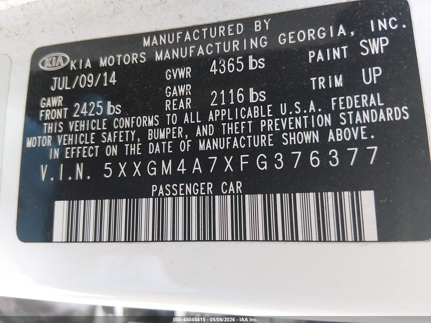 2015 Kia Optima VIN 5XXGM4A7XFG376377 IAAI salvage auction — FRONT END, Salvage (New Jersey), sold $25 on 2026-07-28 (photo 9)