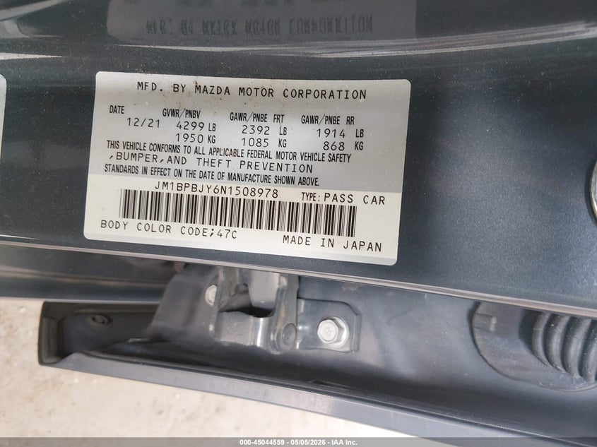 2022 Mazda 3 VIN JM1BPBJY6N1508978 IAAI salvage auction — RIGHT SIDE, Certificate Of Destruction (Florida), sold $4,500 on 2026-07-08 (photo 9)