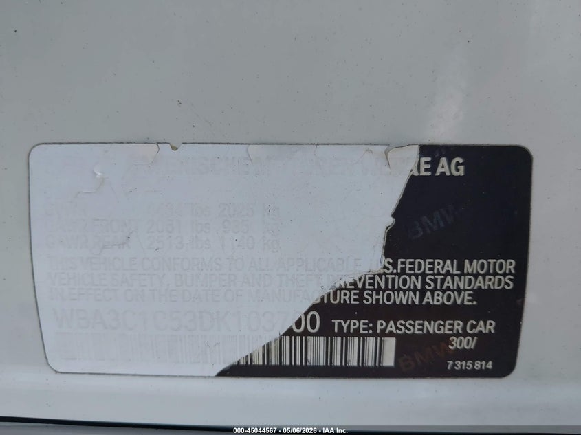 2013 BMW 3 series VIN WBA3C1C53DK103700 IAAI salvage auction — NORMAL WEAR, Clear - Dealer Only (California), sold $625 on 2026-07-09 (photo 9)