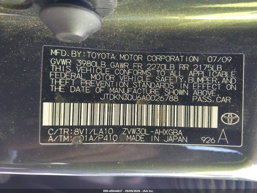2010 Toyota Prius v VIN JTDKN3DU6A0026788 IAAI salvage auction — HAIL, Salvage (Georgia), sold $25 on 2026-07-29 (photo 9)