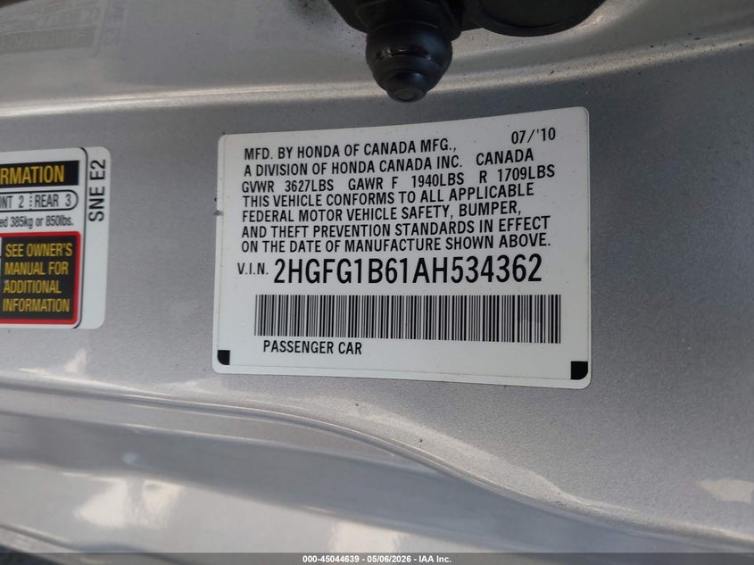 2010 Honda Civic VIN 2HGFG1B61AH534362 IAAI salvage auction — FRONT END, Salvage (California), sold $1,050 on 2026-07-09 (photo 9)