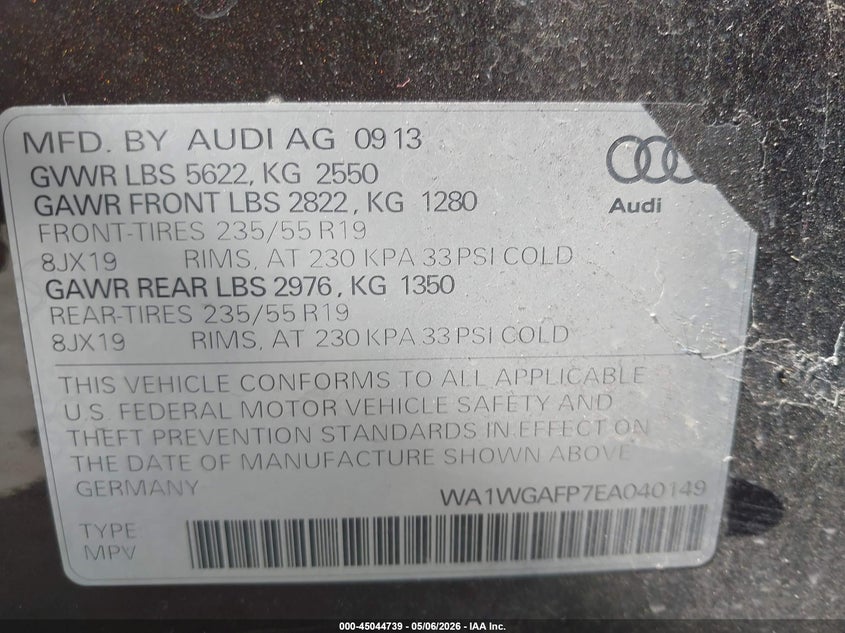 2014 Audi Q5 VIN WA1WGAFP7EA040149 IAAI salvage auction — LEFT FRONT, Salvage (California), sold $825 on 2026-07-20 (photo 9)