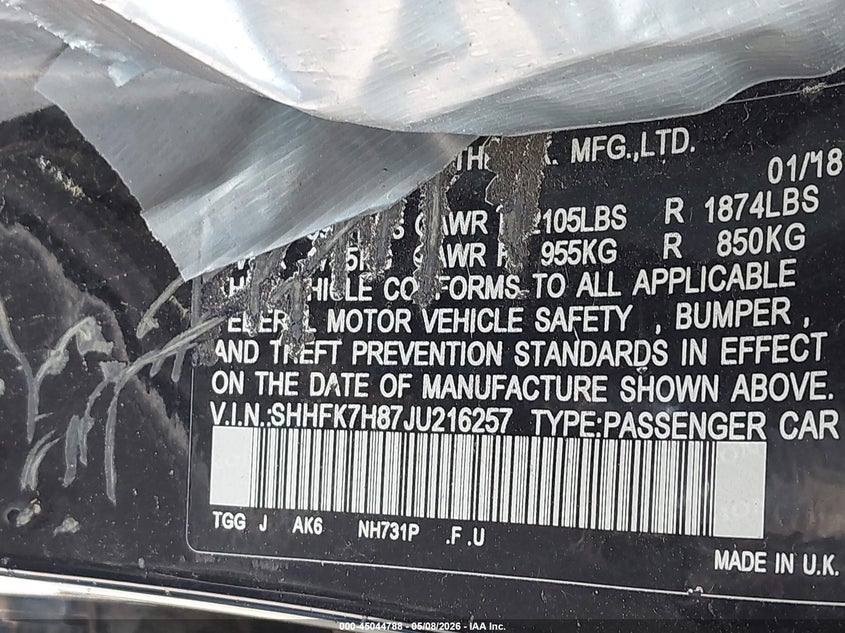 2018 Honda Civic VIN SHHFK7H87JU216257 IAAI salvage auction — FRONT END, Clear (Colorado), sold $1,872 on 2026-07-07 (photo 9)
