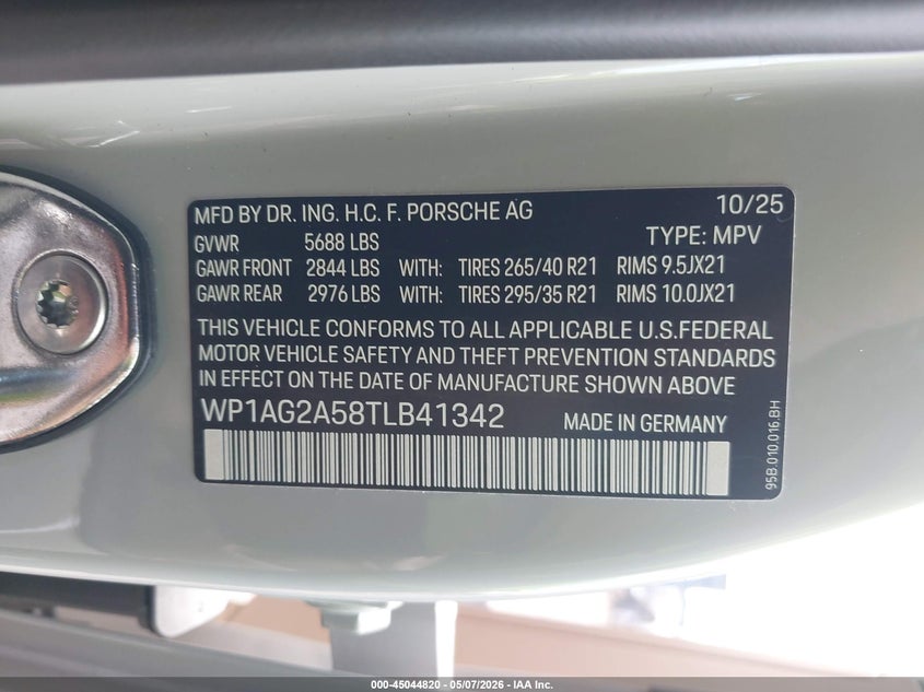 2026 Porsche Macan VIN WP1AG2A58TLB41342 IAAI salvage auction — FRONT END, Salvage (Hawaii), sold $20,100 on 2026-07-30 (photo 9)