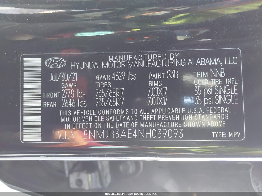 2022 Hyundai Tucson VIN 5NMJB3AE4NH039093 IAAI salvage auction — HAIL, Original (Texas), sold $9,975 on 2026-08-25 (photo 9)