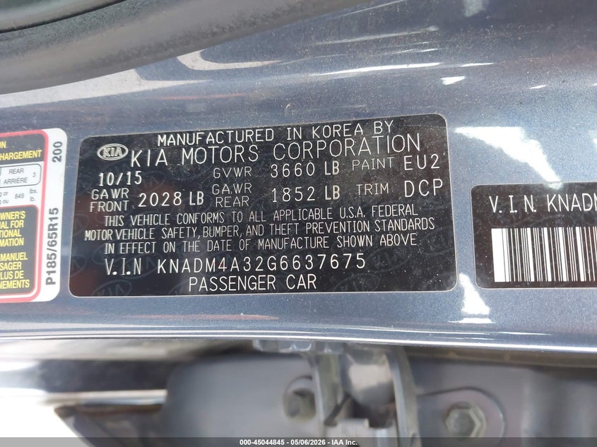 2016 Kia Rio VIN KNADM4A32G6637675 IAAI salvage auction — HAIL, Prior Salvage (Minnesota), sold $400 on 2026-07-29 (photo 9)