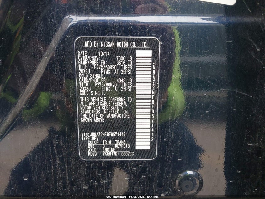 2015 Infiniti Qx80 VIN JN8AZ2NF8F9571442 IAAI salvage auction — FRONT END, Original (Texas), sold $2,900 on 2026-07-30 (photo 9)