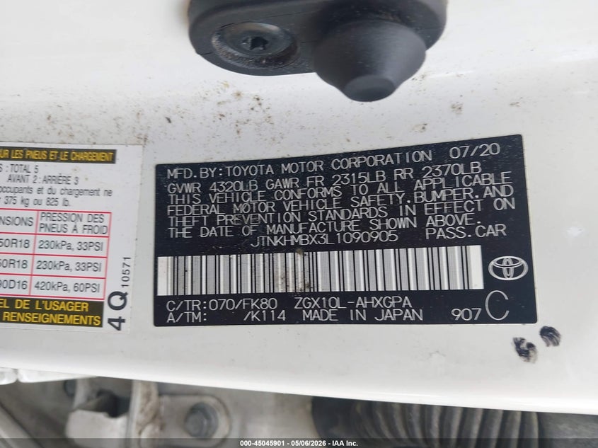 2020 Toyota C-hr VIN JTNKHMBX3L1090905 IAAI salvage auction — FRONT END, Salvage (Alabama), sold $4,150 on 2026-07-25 (photo 9)