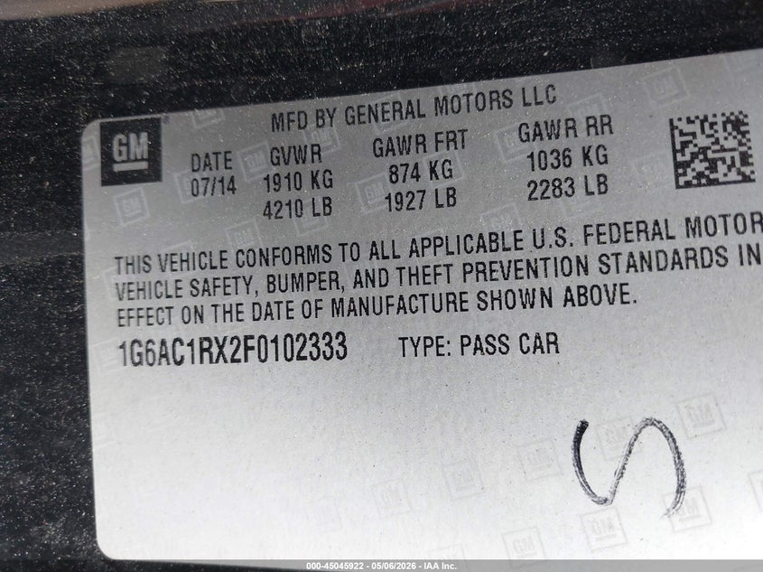2015 Cadillac Ats VIN 1G6AC1RX2F0102333 IAAI salvage auction — STORM DAMAGE, Salvage (Indiana), sold $2,700 on 2026-07-19 (photo 9)