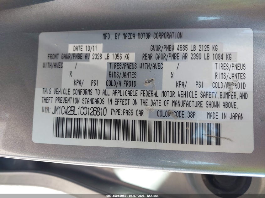 2012 Mazda 5 VIN JM1CW2BL1C0126810 IAAI salvage auction — LEFT SIDE, Clear (Indiana), sold $550 on 2026-07-28 (photo 9)
