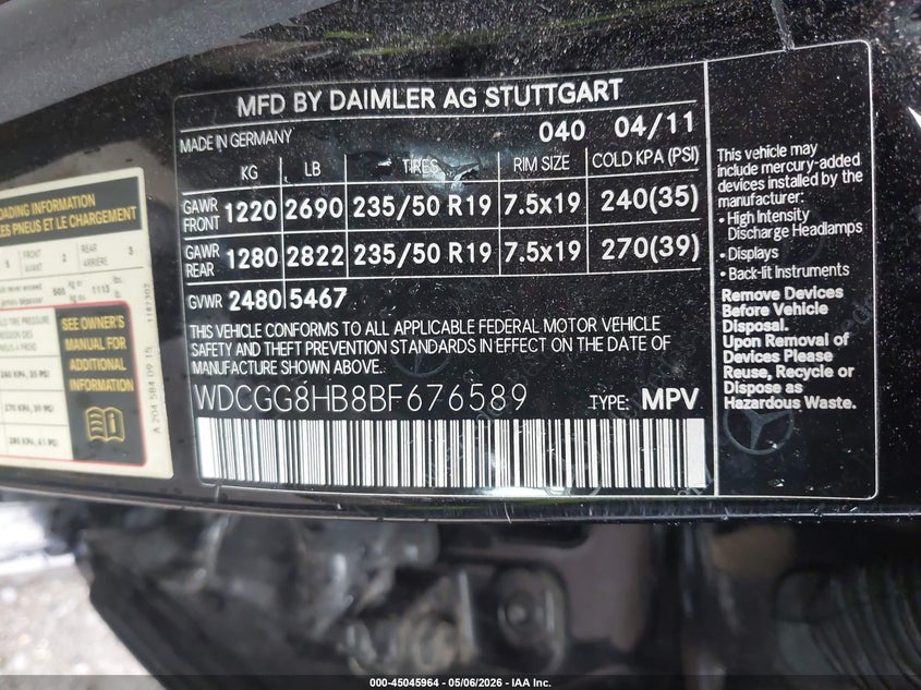 2011 Mercedes-benz Glk-klasse VIN WDCGG8HB8BF676589 IAAI salvage auction — SIDE, Salvage (New Jersey), sold $1,700 on 2026-08-02 (photo 9)