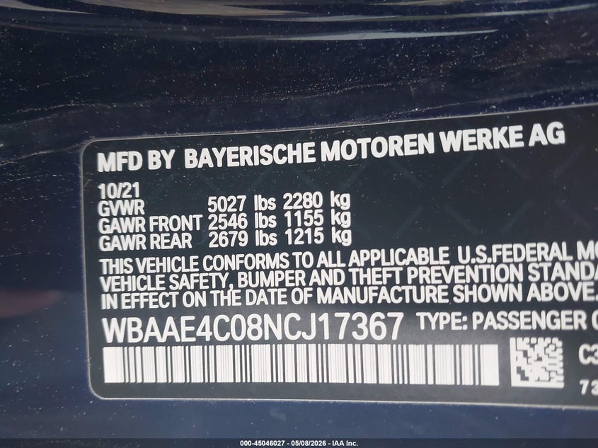 2022 BMW 8er VIN WBAAE4C08NCJ17367 IAAI salvage auction — REAR END, Rebuildable (Florida), sold $26,250 on 2026-07-13 (photo 9)