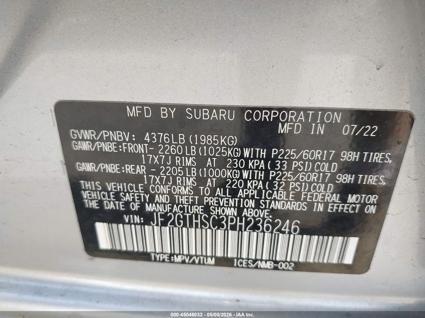 2023 Subaru Xv VIN JF2GTHSC3PH236246 IAAI salvage auction — FRONT END, Salvage - Greater Than 75% (Maryland), sold $2,500 on 2026-07-14 (photo 9)