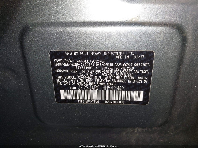 2017 Subaru Forester VIN JF2SJARC1HH542943 IAAI salvage auction — FRONT END, Salvage (Maine), sold $325 on 2026-07-20 (photo 9)