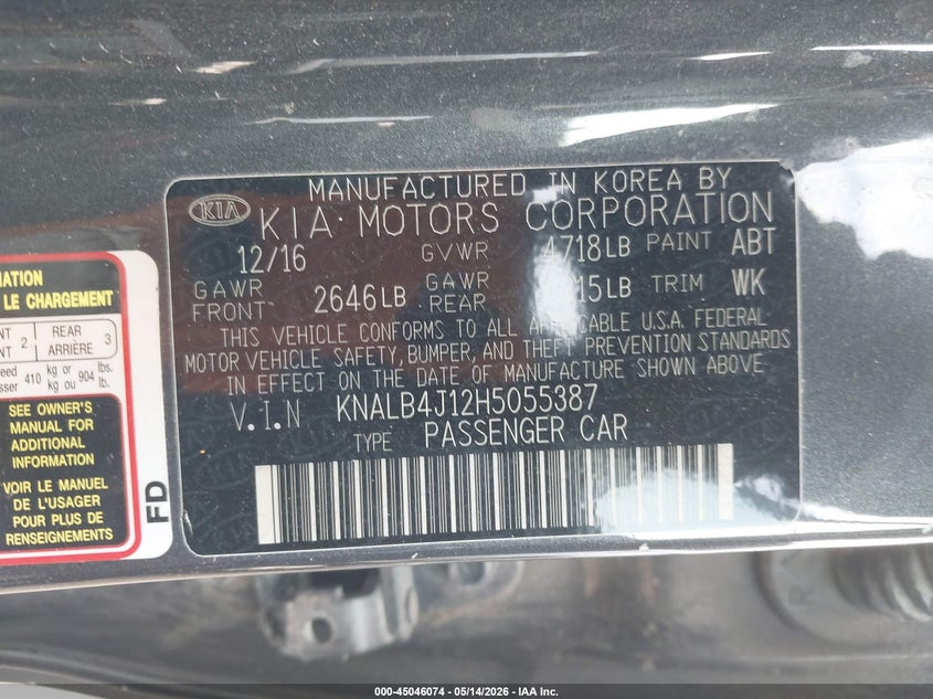 2017 Kia Cadenza VIN KNALB4J12H5055387 IAAI salvage auction — RIGHT FRONT, Salvage (Missouri), sold $2,825 on 2026-07-08 (photo 9)