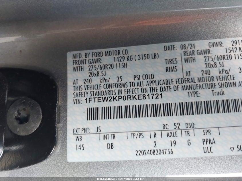2024 Ford F-150 VIN 1FTEW2KP0RKE81721 IAAI salvage auction — RIGHT FRONT, Original (Texas), sold $7,200 on 2026-08-01 (photo 9)