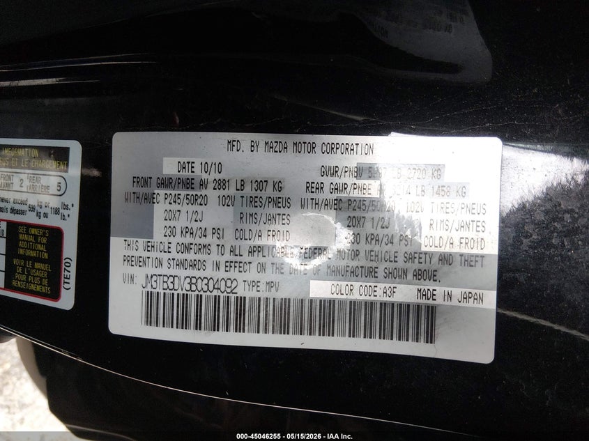 2011 Mazda Cx-9 VIN JM3TB3DV3B0304092 IAAI salvage auction — FRONT END, Salvage (Maine), sold $400 on 2026-07-20 (photo 9)