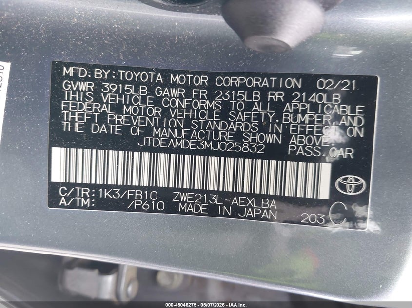 2021 Toyota Corolla VIN JTDEAMDE3MJ025832 IAAI salvage auction — FRONT END, Salvage - Greater Than 75% (Maryland), sold $5,150 on 2026-07-08 (photo 9)