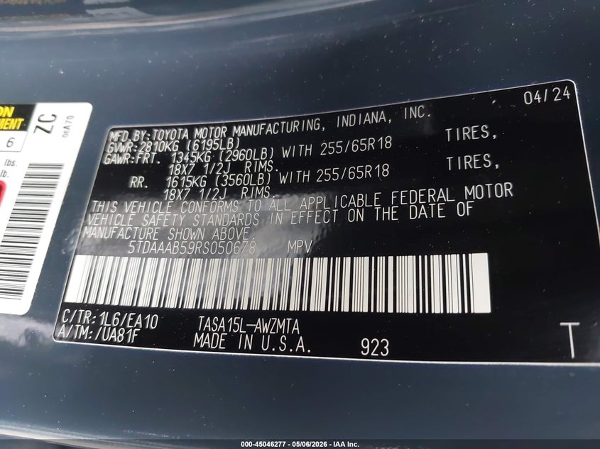 2024 Toyota Highlander VIN 5TDAAAB59RS050678 IAAI salvage auction — FRONT END, Mv-907A (New York), sold $12,750 on 2026-07-14 (photo 9)