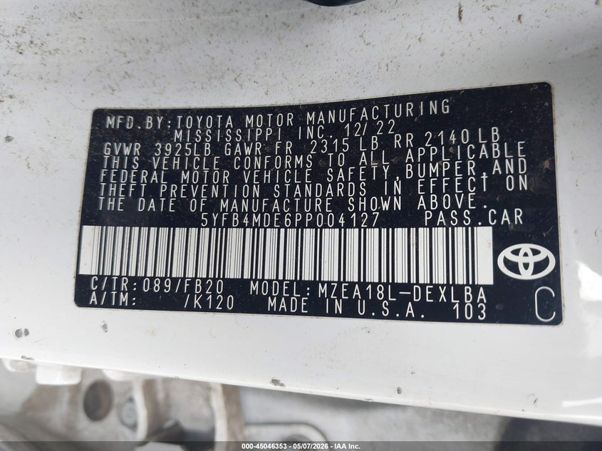 2023 Toyota Corolla VIN 5YFB4MDE6PP004127 IAAI salvage auction — REAR END, Salvage (Georgia), sold $25 on 2026-07-29 (photo 9)