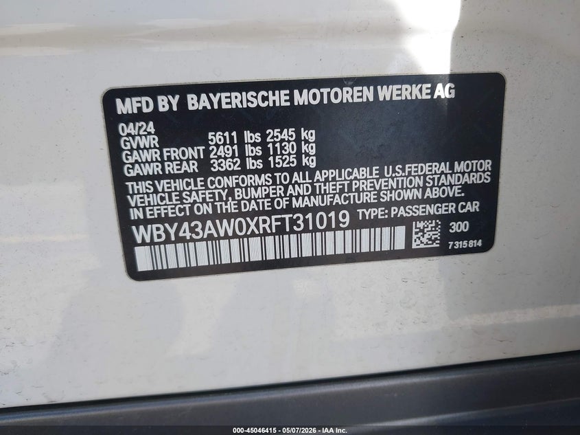 2024 BMW I4 VIN WBY43AW0XRFT31019 IAAI salvage auction — RIGHT FRONT, Rebuildable (Florida), sold $13,800 on 2026-07-20 (photo 9)