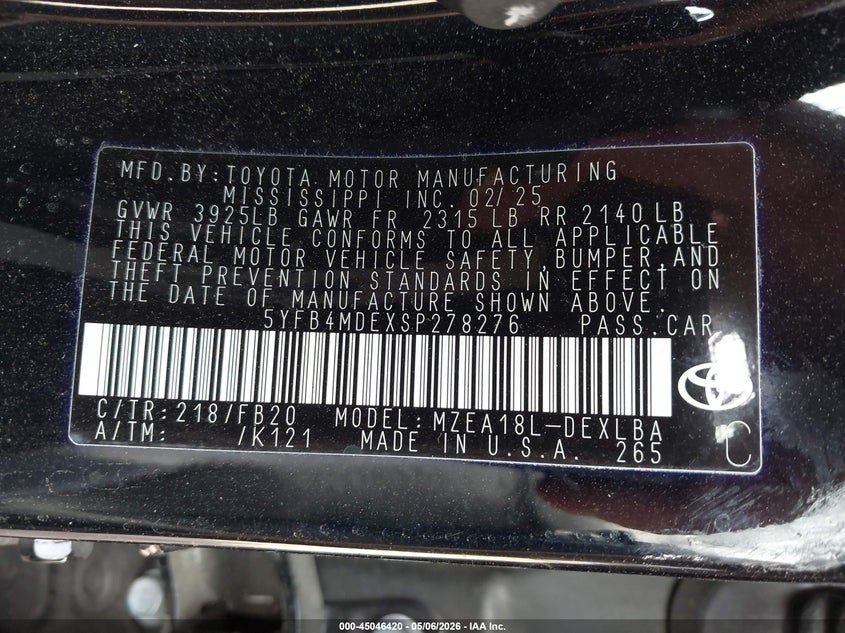 2025 Toyota Corolla VIN 5YFB4MDEXSP278276 IAAI salvage auction — LEFT SIDE, Salvage (Texas), sold $5,300 on 2026-07-14 (photo 9)