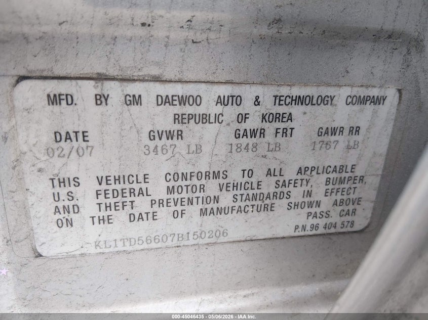 2007 Chevrolet Aveo VIN KL1TD56607B150206 IAAI salvage auction — UNKNOWN, Salvage - Greater Than 75% (Maryland), sold $225 on 2026-07-06 (photo 9)