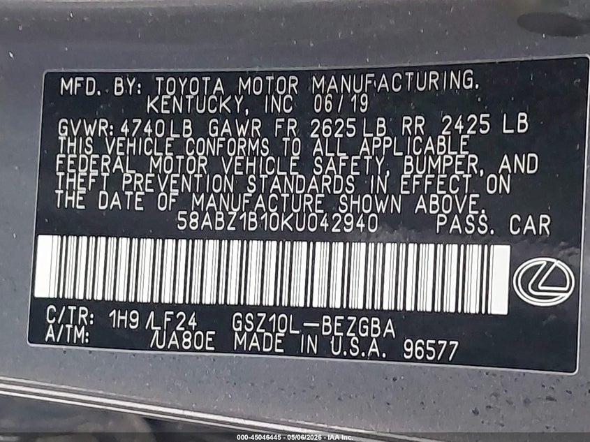 2019 Lexus ES VIN 58ABZ1B10KU042940 IAAI salvage auction — WATER/FLOOD, Salvage (Texas), sold $9,600 on 2026-07-09 (photo 9)