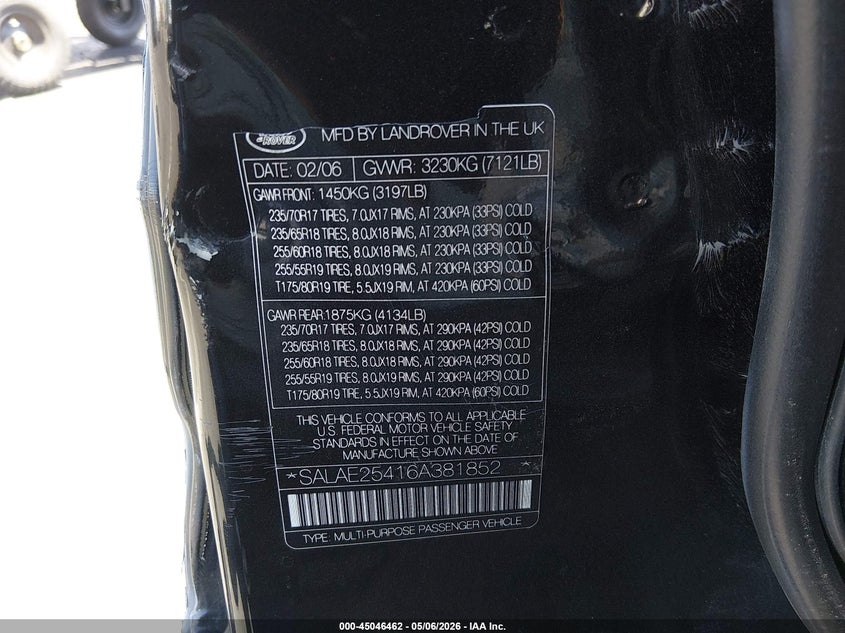 2006 Land rover Lr3 VIN SALAE25416A381852 IAAI salvage auction — LEFT SIDE, Salvage (Utah), sold $100 on 2026-07-12 (photo 9)