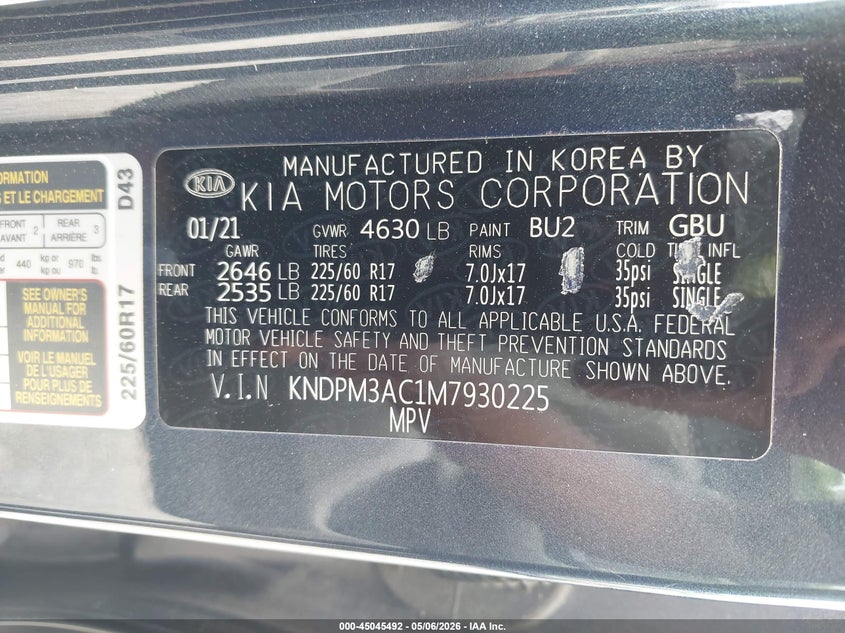 2021 Kia Sportage VIN KNDPM3AC1M7930225 IAAI salvage auction — REAR END, Salvage (Georgia), sold $3,250 on 2026-08-02 (photo 9)