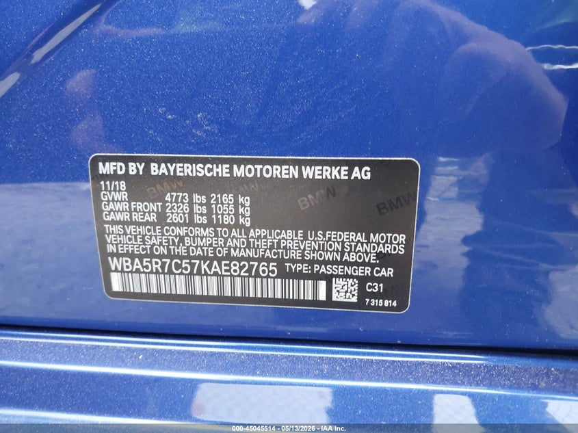 2019 BMW 3er VIN WBA5R7C57KAE82765 IAAI salvage auction — LEFT SIDE, Salvage (Idaho), sold $15,300 on 2026-07-16 (photo 9)