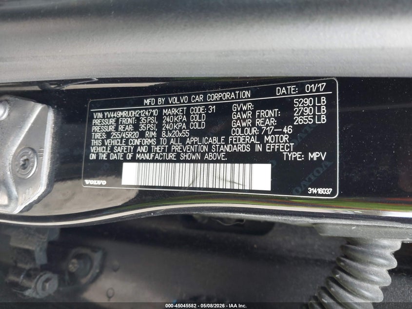 2017 Volvo Xc60 VIN YV449MRU0H2124710 IAAI salvage auction — FRONT END, Salvage (Massachusetts), sold $5,800 on 2026-07-11 (photo 9)