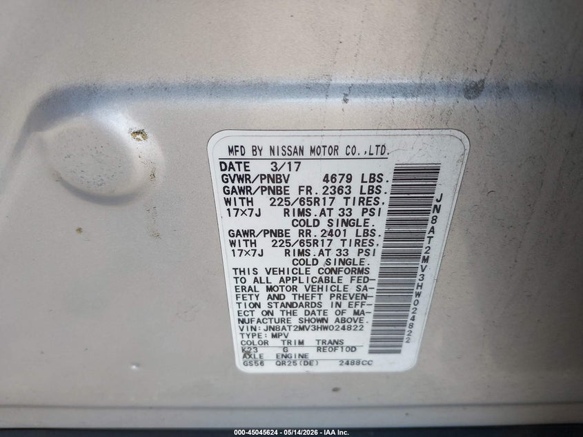 2017 Nissan Rogue VIN JN8AT2MV3HW024822 IAAI salvage auction — NORMAL WEAR, Clear (Montana), sold $1,200 on 2026-07-24 (photo 9)